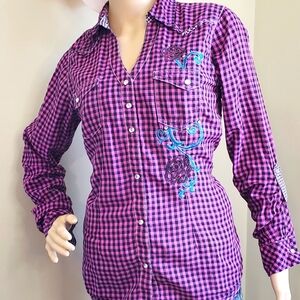 Rock 47 Pink Embroidered Plaid Western Shirt Rodeo Stampede Plaid with Bling
